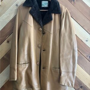 Tan Mid Western Deerskin Leather Coat with Black Fur Collar and Lining